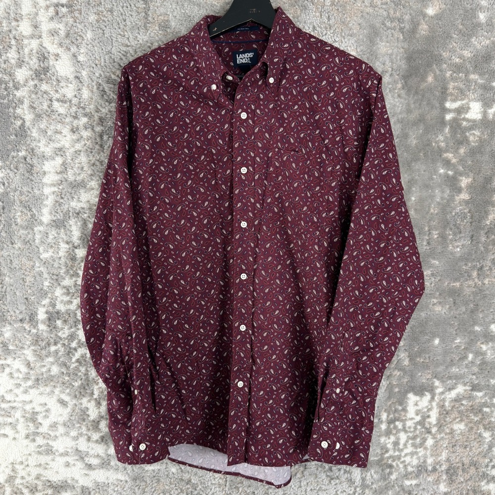 Lands' End Size M Traditional Fit No Iron Twill Paisley Button Down Burgundy Men